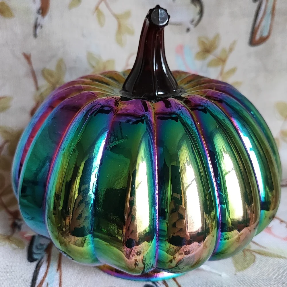 Iridescent Pumpkin Oil Slick Glass Desk Decoration Holiday Fall Halloween NWT